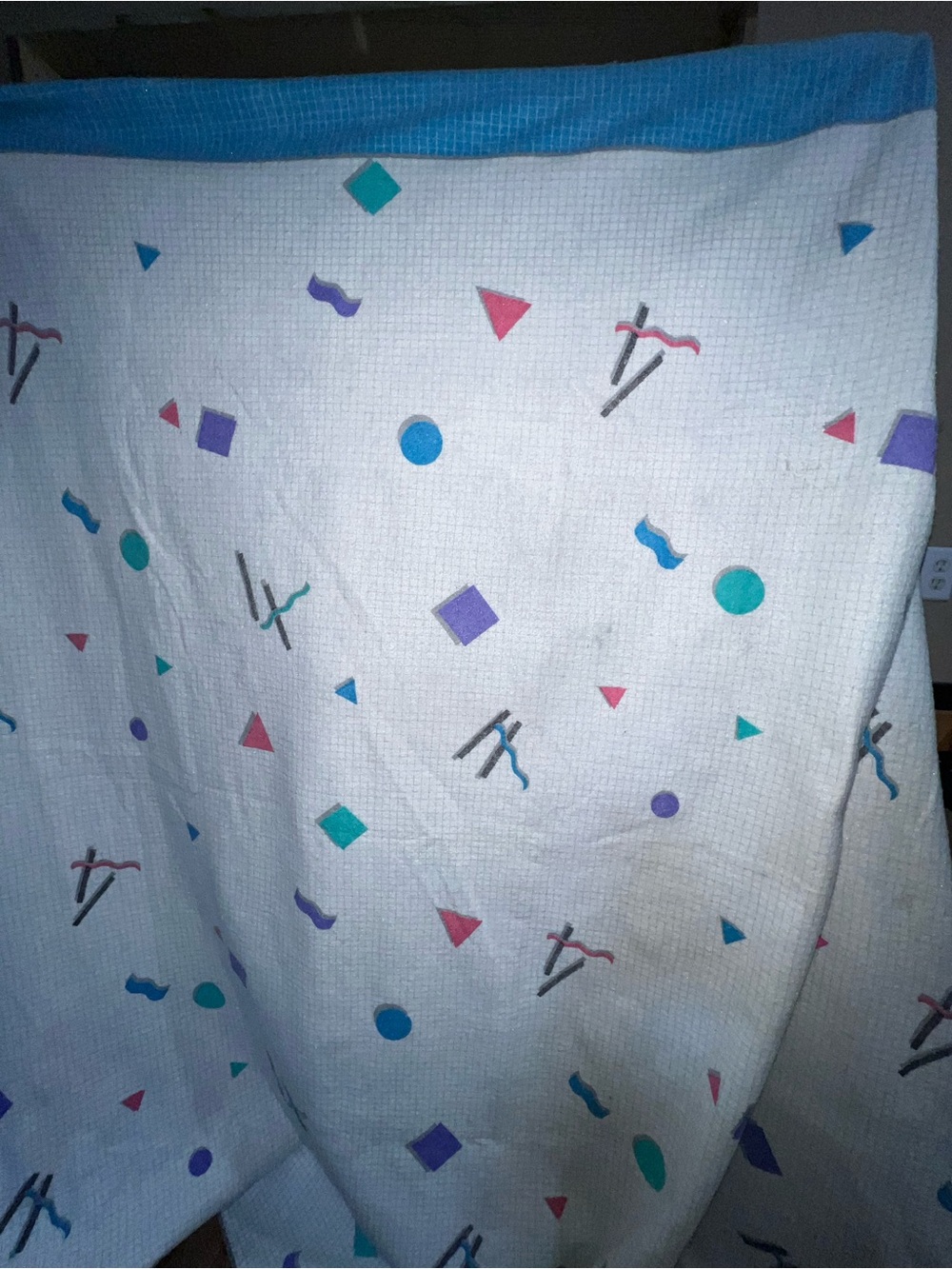 Vintage Full House Geometric Pattern White Bedspread Blanket with Teal Trim